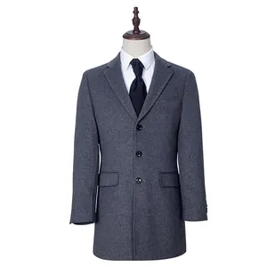 Jaket wol pria panjang abu-abu DJT1D1381-S3, mantel Fashion mewah grosir kustom kancing tekstur untuk setelan