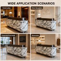 Comptoir de réception moderne en marbre naturel avec finition bronze, forme carrée, éclairage LED pour hall d'hôtel de luxe, bureau, logo personnalisé