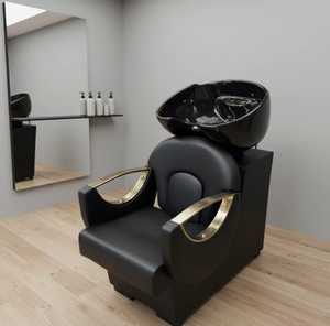 Ensemble de mobilier de salon de beauté noir et or : Bac de lavage, équipement de coiffure, chaise de coiffage, bac à shampoing - Product Image 1