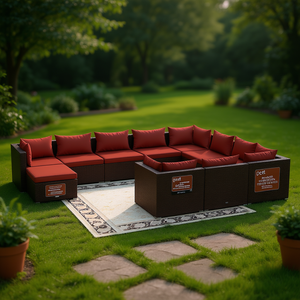 Ensemble de salon de jardin rouge cannelle en rotin brun, mobilier d'extérieur, 10+ places, design contemporain - Product Image 2