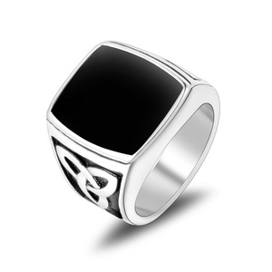Men's Square <b>Titanium</b> Steel <b>Ring</b> With Black Inlay Geometric Design SA904 - Product Image 5