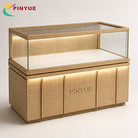 Présentoir de Comptoir de Luxe pour Montres avec Bordure Dorée, Vitrine de Bijoux en Verre, Meuble de Présentation Lumineux à LED sur Pied en Bois