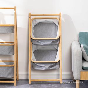 Panier à linge pliable à trois niveaux en bambou, étagère de rangement en bois à 3 étages avec bacs pour salle de bain, chambre, salon, style nordique - Product Image 4