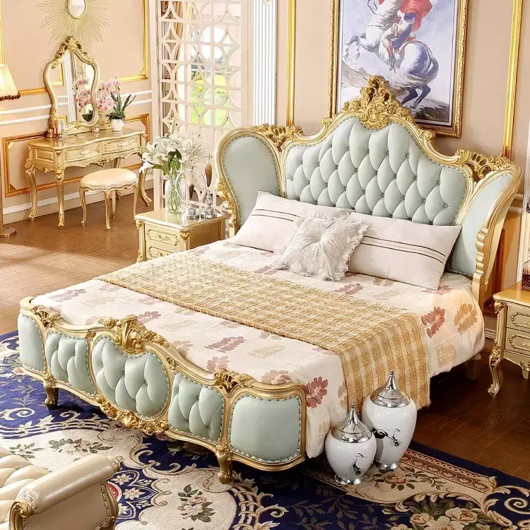 Letto di lusso con pittura dorata in vera pelle con struttura in legno massello