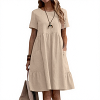 Robe en coton vintage pour femme, taille smockée, ultra douce, plissée, longueur genou, couleur inaltérable, tombé fluide, col carré