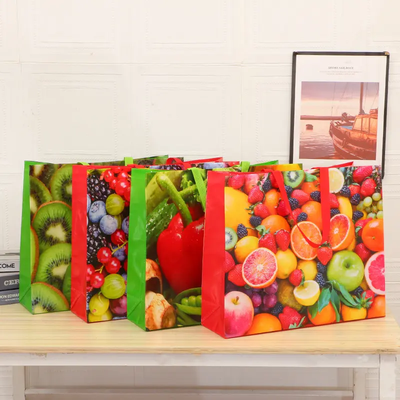 Рекламные многоразовые нетканые сумки для супермаркетов, сумка для покупок с рисунком фруктов и логотипом с индивидуальным принтом