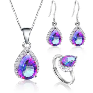 925 Sterling Silver Halo CZ Earrings Necklace Sets Rainbow Mystic Topaz Jewelry Set