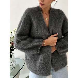 Cardigan en peluche style alpaga pour femme, marron café, taille S(66), élégant haut d'hiver - Product Image 2