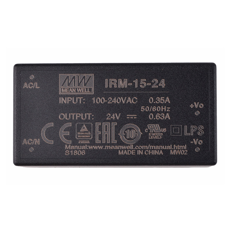 SMPS MeanWell IRM-15-24 15W 24V 0.63A AC-DC Open Frame Single Output PCB-Mount Green Power Module Switching Power Supply