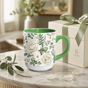 Taza de Café de Cerámica <span class=keywords><strong>con</strong></span> Diseño Floral de Peonía, Asa Verde, Interior de Porcelana Blanca, Ilustración Botánica, <span class=keywords><strong>con</strong></span> Caja de Regalo LEXI - Product Image 1