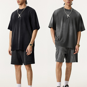 ชุดเสื้อผ้าลำลอง2ชิ้นสำหรับผู้ชายชุดเสื้อยืดวินเทจผ้าฝ้าย100% ซักกรดซักเสื้อผ้าแนวสตรีทแบบถักกางเกงขาสั้นสำหรับฤดูร้อน - Product Image 5