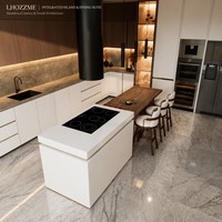 Meubles de cuisine modulaires sur mesure en bois massif pour toute la maison, îlot en forme de U, plan de travail en pierre frittée, sans poignées, éclairage LED