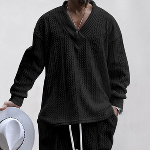 Pull en tricot à col en V pour homme, manches longues, coupe ample, décontracté, blanc, respirant, en polyester - Product Image 4