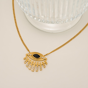 Myneck Aksesori kalung liontin manik-manik emas wanita, Aksesori baja tahan karat berlapis emas 18k perhiasan zirkon mata hitam - Product Image 4