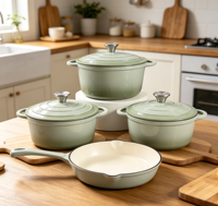 Ensemble de batterie de cuisine en fonte émaillée 4 pièces, compatible four, comprenant faitouts, poêle à frire et poêle grill, pour cuisinières à induction et à gaz