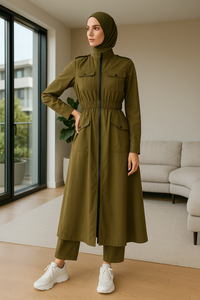YXC009 Premium Muslimisch-Inspirierter Olivgrüner Langer Trenchcoat mit Reißverschluss & Mehreren Taschen Passender Bambus-Modal-Hijab - Product Image 2