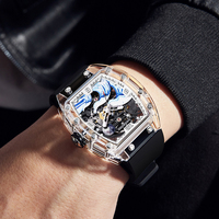 Reloj Mecánico Automático para Hombre HANBORO Earl Han con Esfera Ondulada, Caja Transparente, Correa de Silicona, Resistente al Agua 5BAR