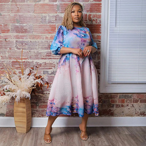 Robe tendance 2026 à imprimé floral et effet éclaboussures d'encre, style européen et américain, avec manches lanternes et jupe plissée évasée - Product Image 3