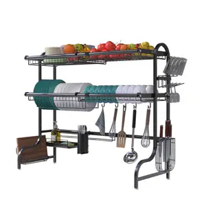 New design stainless steel black kitchen dish pan shelf over sink expandable 25,5" -35.4" width 3-tier adjustable dish rack