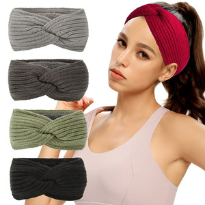 Accessoires de cheveux tricotés en polaire <span class=keywords><strong>Bandeau</strong></span> en laine épaisse <span class=keywords><strong>Bandeau</strong></span> de <span class=keywords><strong>sport</strong></span> d'hiver chaud <span class=keywords><strong>Cache</strong></span>-oreilles <span class=keywords><strong>Bandeau</strong></span> croisé - Product Image 1