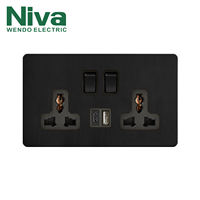 Prise murale universelle standard pour hôtel en acier inoxydable avec prise USB Type-C, 2 prises AC, 86x86mm