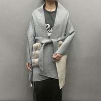 Jancoco Nouvelle Arrivée Manteau Cape en Laine Bicolore Ceinturé pour Femme, Manteau Châle de Luxe en Laine Véritable avec Poches en Vraie Fourrure de Lapin Rex