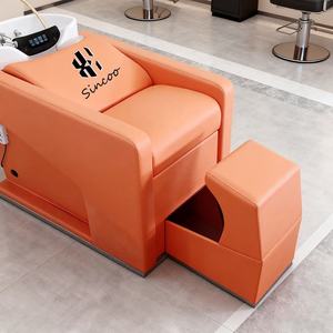 Lit de lavage semi-inclinable électrique en cuir synthétique orange avec réglage par pédale pour salon de coiffure et barbier - Product Image 2