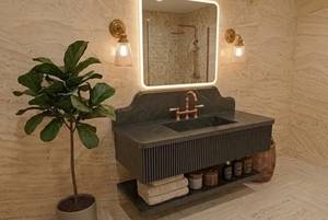 Meuble-lavabo flottant de luxe en marbre Nero Marquina avec vasque intégrée, façade cannelée, armoire de salle de bain personnalisée en pierre, durable et écologique - Product Image 3