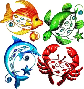 Metal Fish Wall Decor, Sea Turtle & Crab Art Bathroom Decor Dolphin Wall Decor Farmhouse & Colorful Outdoor Wall Art