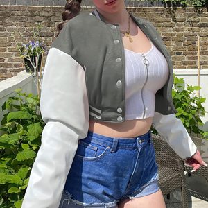 Veste de baseball décontractée pour femmes, blouson bombardier court à boutons et blocs de couleurs - Product Image 2