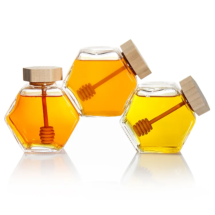 Jarras de miel personalizadas, 100Ml, 380Ml, 730Ml, gelatina, vidrio hexagonal, barato