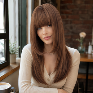 Perruque synthétique longue et droite brun foncé, dégradée, avec <span class=keywords><strong>frange</strong></span>, résistante à la chaleur, ligne de <span class=keywords><strong>cheveux</strong></span> naturelle réglable, vente en gros d'usine, perruques OEM/ODM - Product Image 6