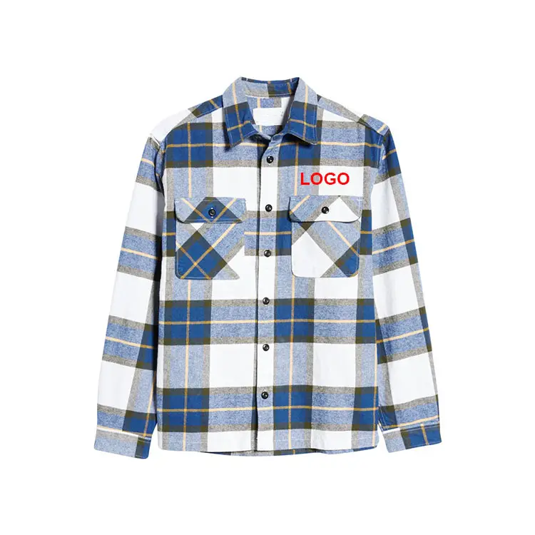 Wholesale custom stylish autumn mens spread collar big check cotton long sleeve flannel shirt