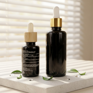 Wholesale Custom Logo Dark Boston Glass Dropper <b>Bottles</b>, Light Block Serum Glass Vials with Bamboo & Gold Dropper Caps - Product Image 2