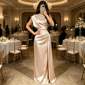 <span class=keywords><strong>Robe</strong></span> de soirée en satin de créateur, col rond uni, taille froncée, longueur ras du sol, élégante, formelle, maxi, pour l'Amérique, vente en gros Chine 2026 - Product Image 2