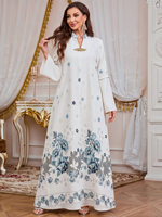Robe longue décontractée musulmane à col montant, imprimé floral, broche en strass, manches longues, coupe modeste