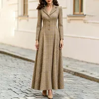 Robe pour femme ODM, coupe ajustée, taille haute, silhouette en A, manches longues, élégante, style français, motif à carreaux, pour l'automne et l'hiver