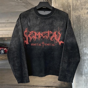 Streetwear Washed <b>Thermal</b> Knitted Print Long Sleeve Graphic <b>T</b>-<b>Shirt</b> Wholesale 100% Cotton Oversized <b>Men's</b> Vintage <b>Shirts</b> - Product Image 1