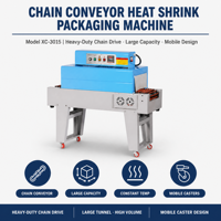 Machine d'emballage rétractable automatique Xicang XC-3015 avec convoyeur à chaîne, tunnel de rétraction thermique haute précision à plateforme surélevée pour l'alimentation