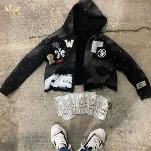 Sweat-shirts courts pour hommes, streetwear d'hiver, 100% coton, lavage à l'eau, effet délavé, broderie en chenille, effet délavé au soleil, strass, brut - Product Image 2