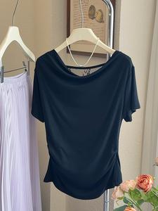 Camiseta de manga corta con espalda descubierta de encaje Modal de verano para mujer de Super Design con camisa base de cuello oscilante gris - Product Image 3