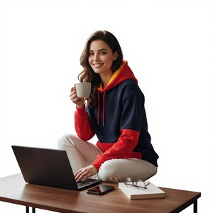 Men's Color Blocking Hooded Sweatshirt Regular Fit Knitted Casual Autumn Wear <b>Red</b> Navy Pocket Design Pullover <b>Hoodies</b> Seamed - Product Image 4