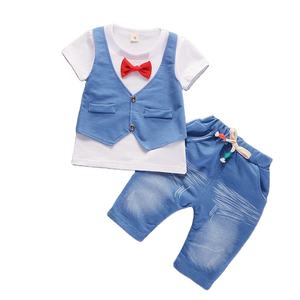 Conjunto de Verano para Bebé, Estilo Inglés, Camiseta de Algodón Casual con Cuello Redondo y Corbata de Lazo, Pantalones Cortos, Color Azul, para Niño, de China - Product Image 1