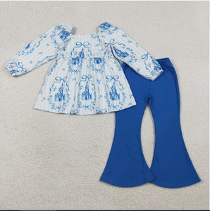 ชุดเสื้อผ้าเด็กผู้หญิง GLP3283 Castle Bows Top Blue Bell Pants - Product Image 1