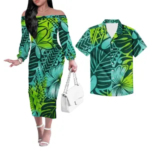 Green printed hibiscus Polynesian tribal design half shoulder dresses And men's shirts Sets of Couples Customized casual wear
