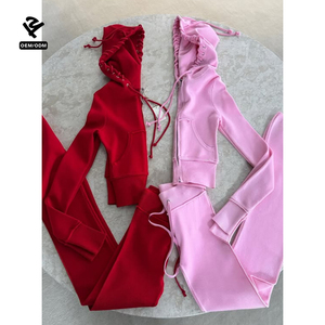 Ensemble de survêtement deux pièces F5300 pour femme : tenue <span class=keywords><strong>avec</strong></span> sweat à capuche court à manches longues et pantalon évasé taille haute, idéal pour l'entraînement - Product Image 3