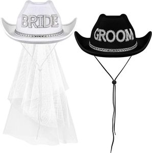 Sombrero <span class=keywords><strong>de</strong></span> vaquero con pedrería BRIDE/GROOM para <span class=keywords><strong>novia</strong></span>, sombrero con velo nupcial, sombrero para la fiesta del novio, accesorio para la cabeza <span class=keywords><strong>de</strong></span> <span class=keywords><strong>boda</strong></span> - Sombreros <span class=keywords><strong>de</strong></span> vaquero para <span class=keywords><strong>boda</strong></span> hechos a mano - Product Image 1