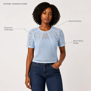 Elegante top in maglia traforata di <span class=keywords><strong>pizzo</strong></span> <span class=keywords><strong>blu</strong></span> da donna, a maniche corte, girocollo, vestibilità slim, stile coreano, camicetta estiva da pendolare - Product Image 3