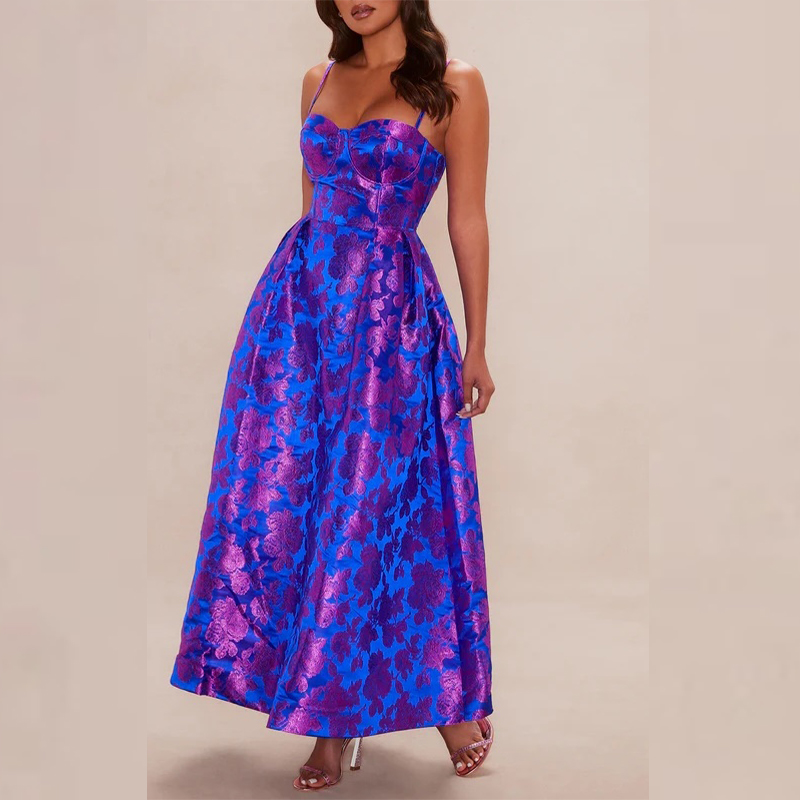 Blue and Purple Maxi Dress - Floral Print High Slit Elegant Design