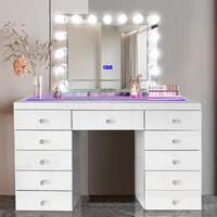 Table de toilette contemporaine en verre blanc de luxe léger avec treize tiroirs et miroir, meubles de chambre à coucher